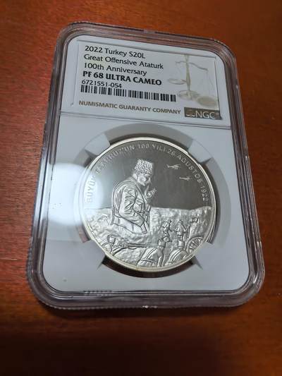长老汇蛇年精选第一百场拍卖 - 2022土耳其凯穆尔大进攻百周年20里拉精制银币，NGC PF68UC，唯一亚军，更高1枚，3000枚，裸币至少720元