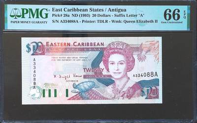 世界靓号纸钞第八十二期 - 1993年早期东加勒比20元 尾88 首发AA冠 PMG66 早期初版非常难找