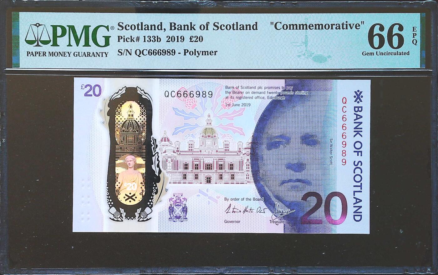 世界靓号纸钞第八十二期 2019年苏格兰20镑纪念钞 QC冠 圆圆号 PMG66
