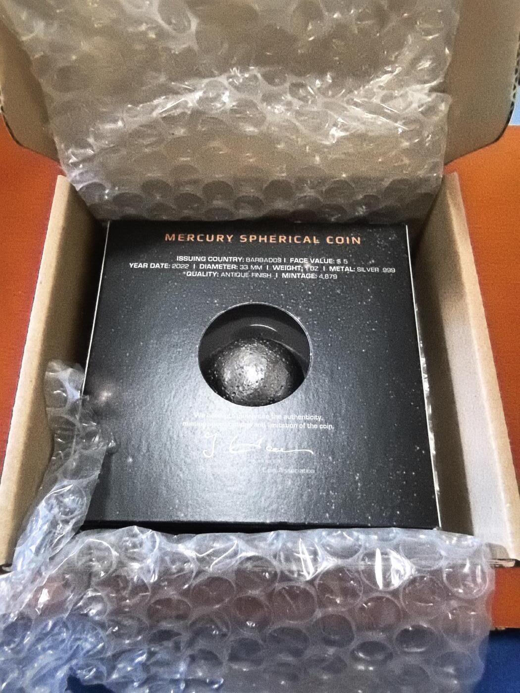 长老汇蛇年精选第一百场拍卖  2022巴巴多斯水星仿古球体银币，1盎司999银，盒证全，4879枚