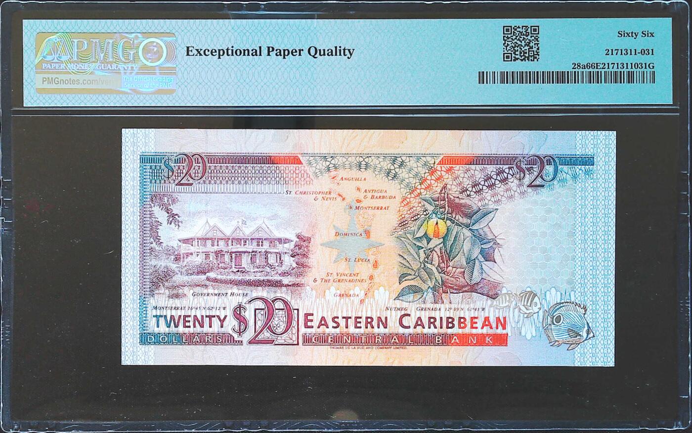 世界靓号纸钞第八十二期 1993年早期东加勒比20元 尾88 首发AA冠 PMG66 早期初版非常难找