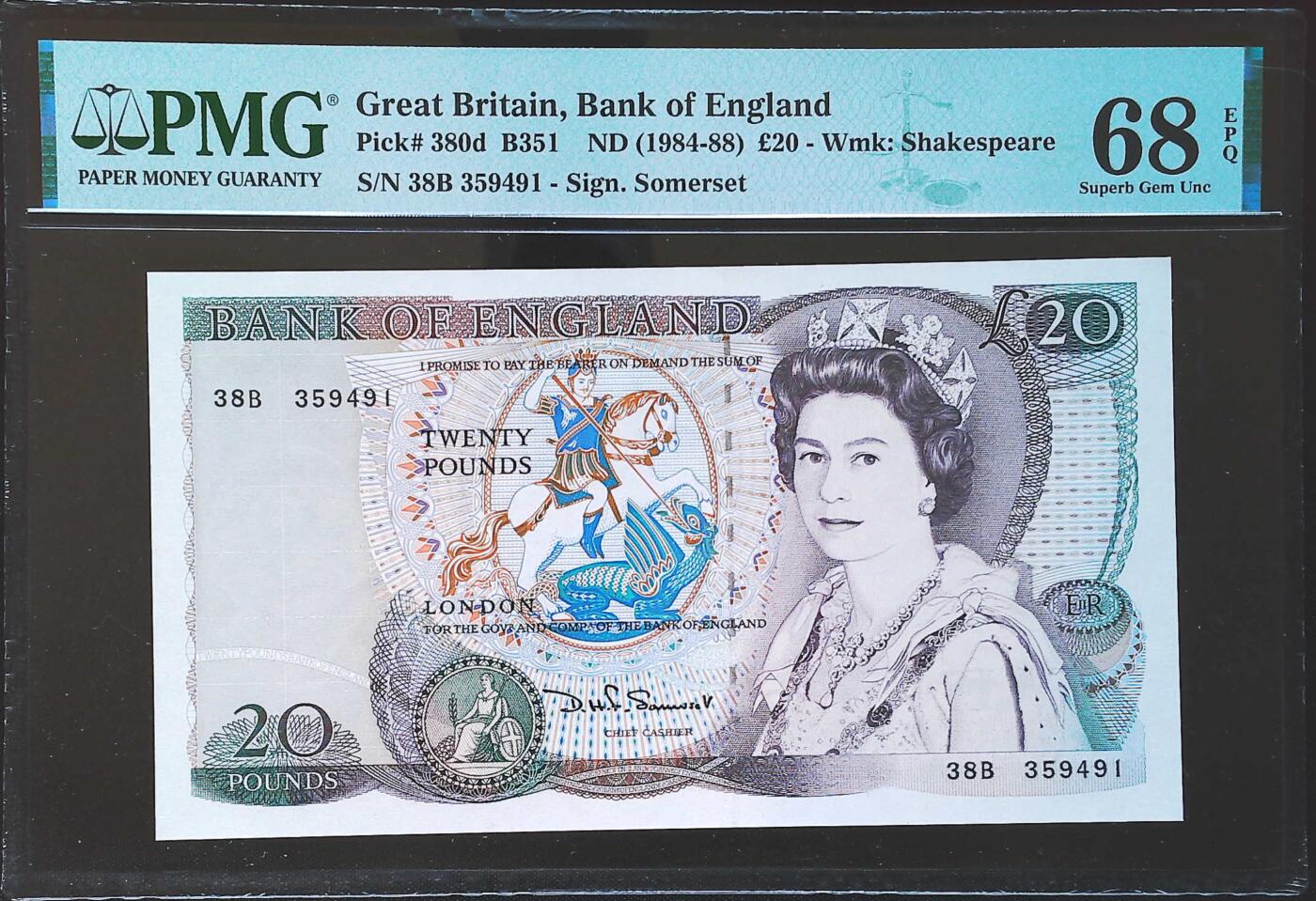 世界靓号纸钞第八十二期 1984-88年英国英格兰银行20镑 D序列英镑 PMG68 冠军分