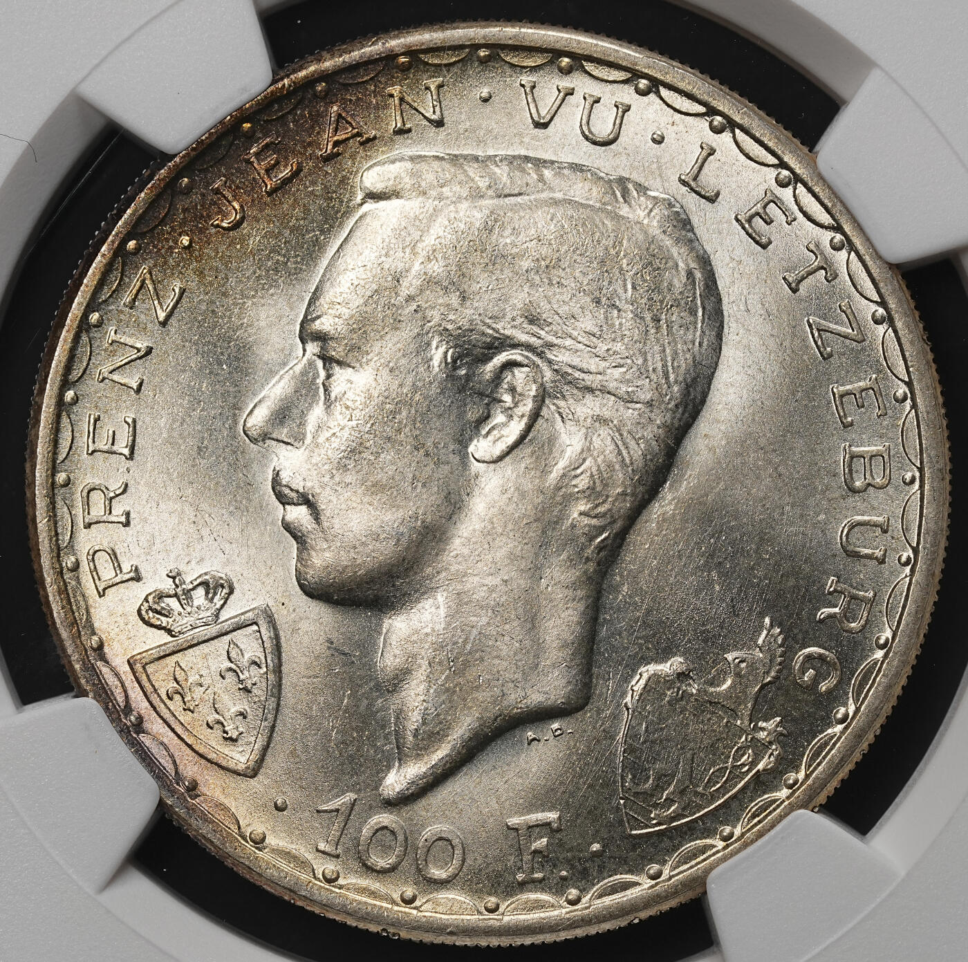 修遠堂世界钱币第105期，马年首拍 NGC MS66 1946年卢森堡伯爵瞎子约翰在克雷西战役中阵亡600周年纪念100法郎大银币