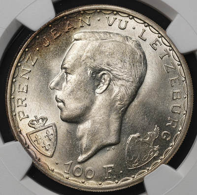 修遠堂世界钱币第105期，马年首拍 - NGC MS66 1946年卢森堡伯爵瞎子约翰在克雷西战役中阵亡600周年纪念100法郎大银币