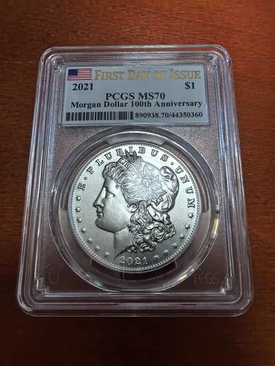 长老汇蛇年精选第一百场拍卖 -  2021 美国摩根1美元银币，PCGS MS70分，百年标，P盒70分2022年成交价最高14000多元