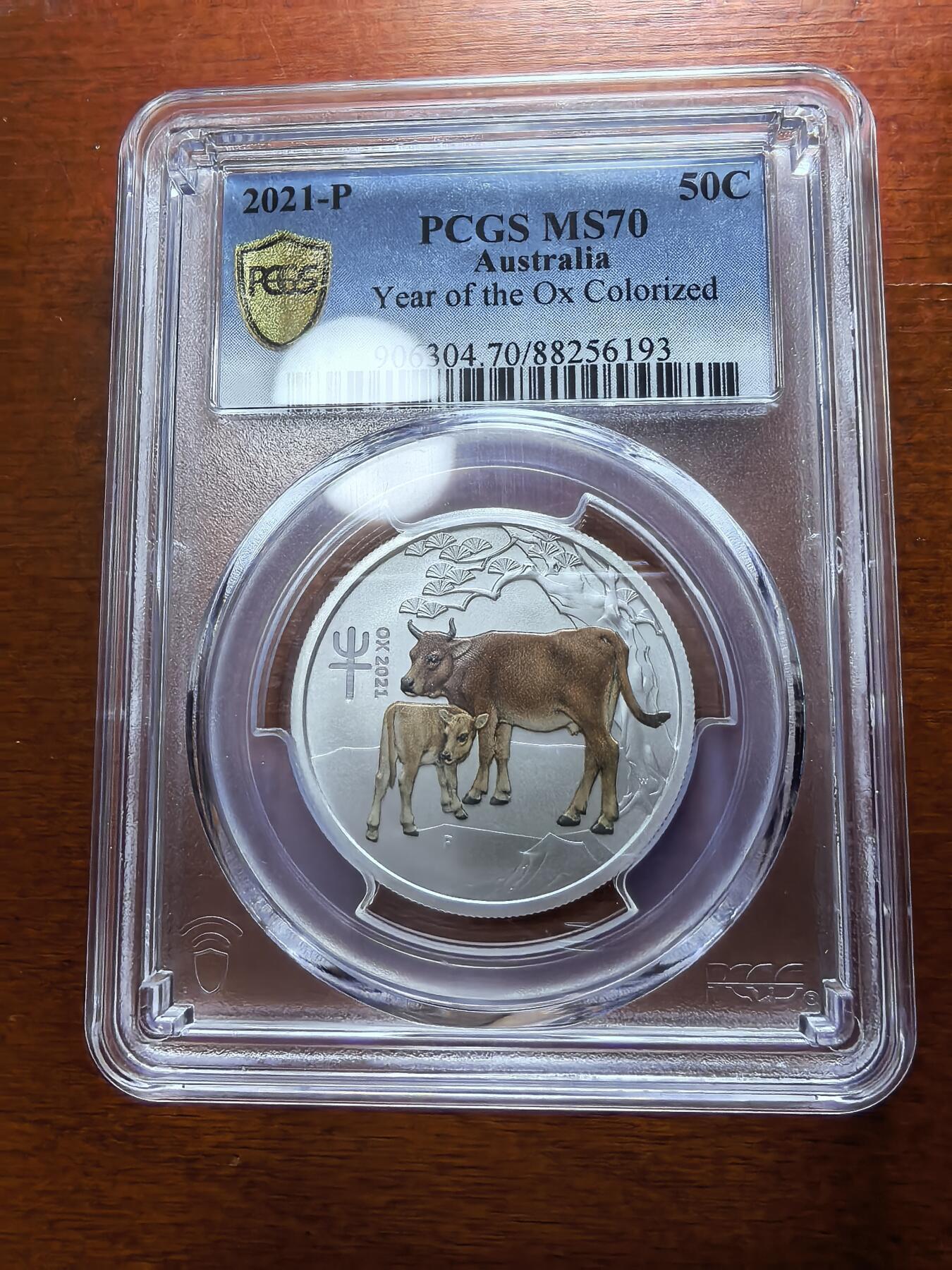长老汇蛇年精选第一百场拍卖 2021澳大利亚牛年50分彩色银币，PCGS MS70
