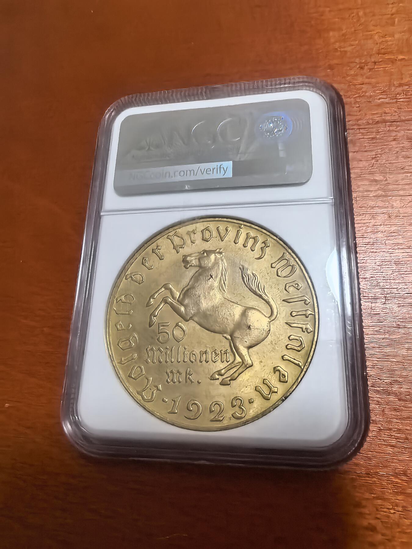 长老汇蛇年精选第一百场拍卖  1923德紧威斯特伐利亚斯坦伯爵马币1万马克镀金币，NGC MS65，宽边，季军，更高33枚