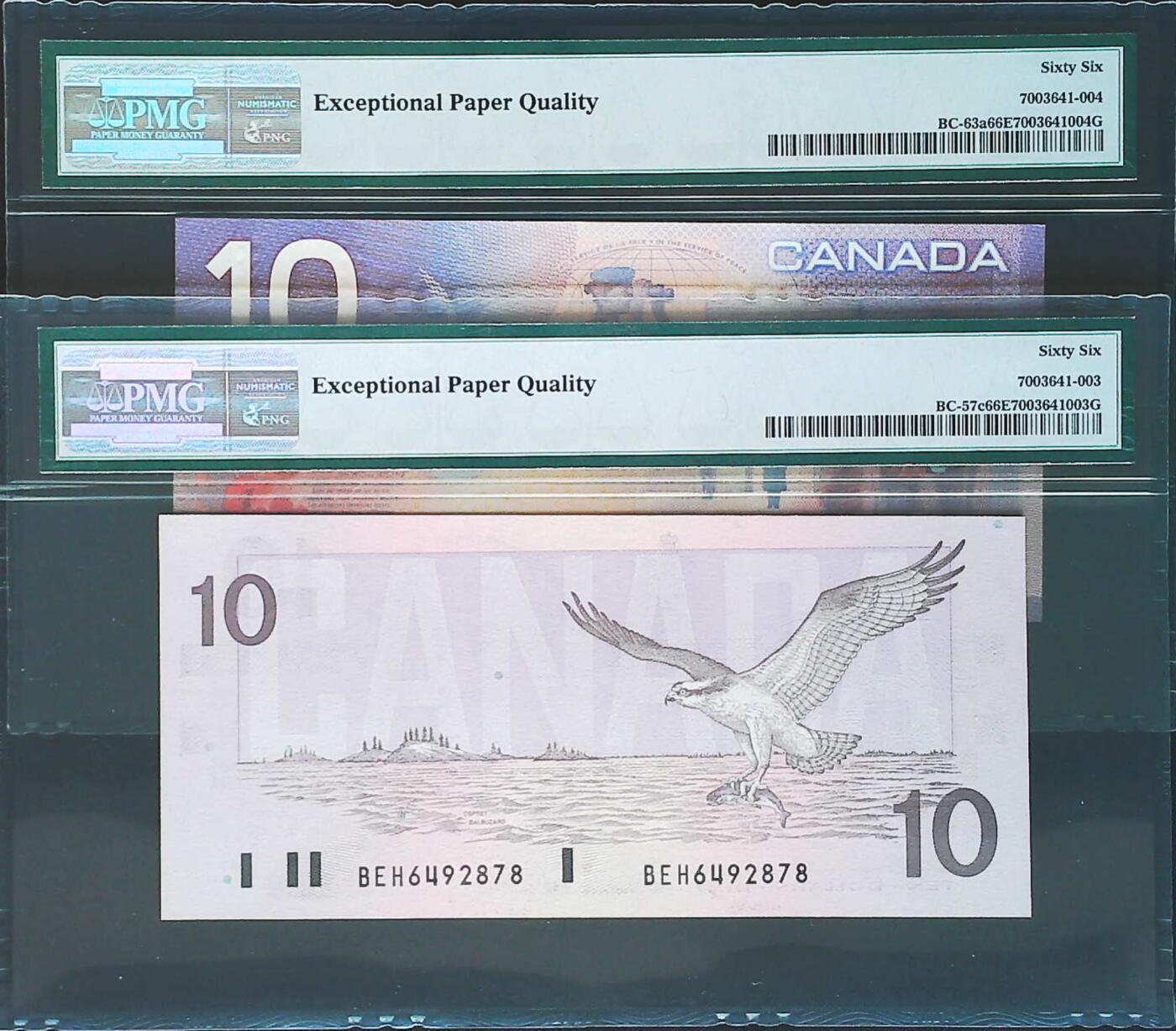 世界靓号纸钞第八十二期 1989-2000年加拿大10元两张 两张全同号 PMG66 分数也一样