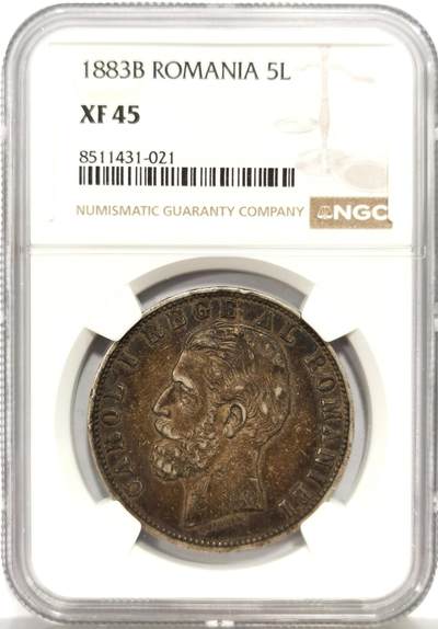 博洋堂蛇年收官专场暨第161期（全场包邮） - NGC XF45 罗马尼亚卡罗尔一世1883年B版5列伊银币，油亮黑彩，实际状态感觉AU，HA 63分的就要一万多美元了，附成交记录，难得的品种品相