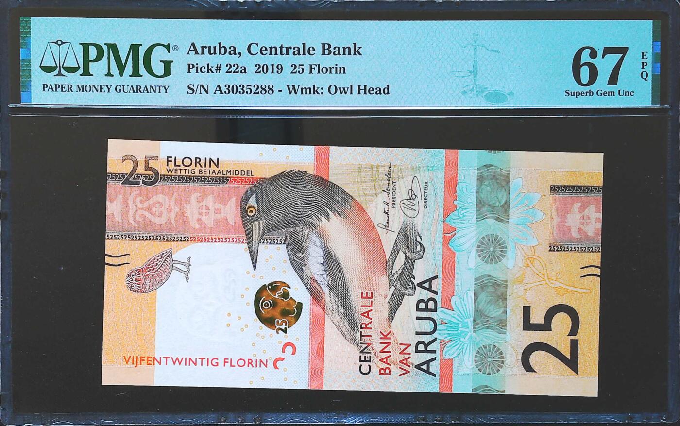 世界靓号纸钞第八十二期 2019年阿鲁巴25弗洛林 首发A冠 全程无47 尾88 PMG67