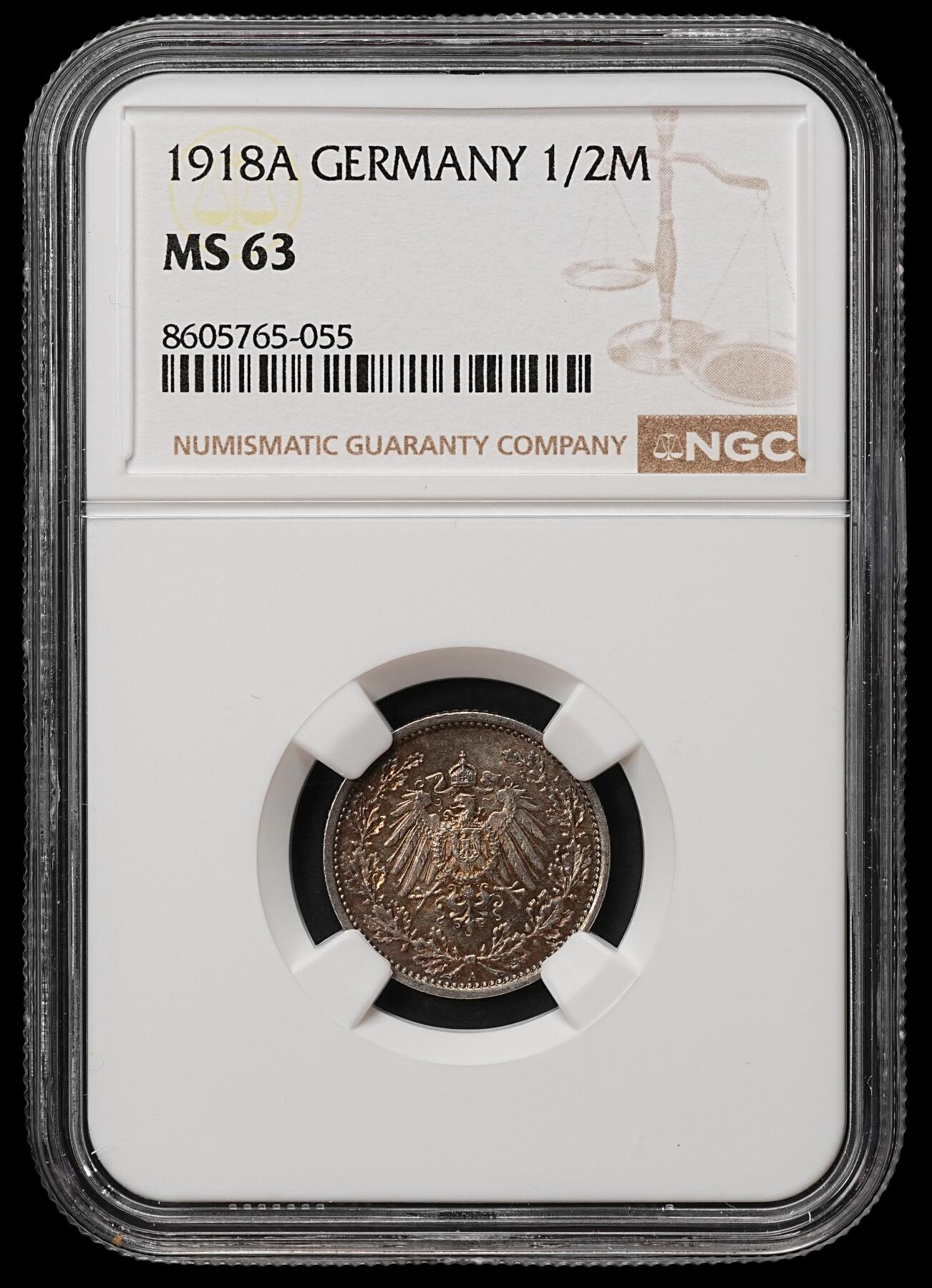 修遠堂世界钱币第105期，马年首拍 NGC MS63 1918年德国1/2马克银币 A厂铭