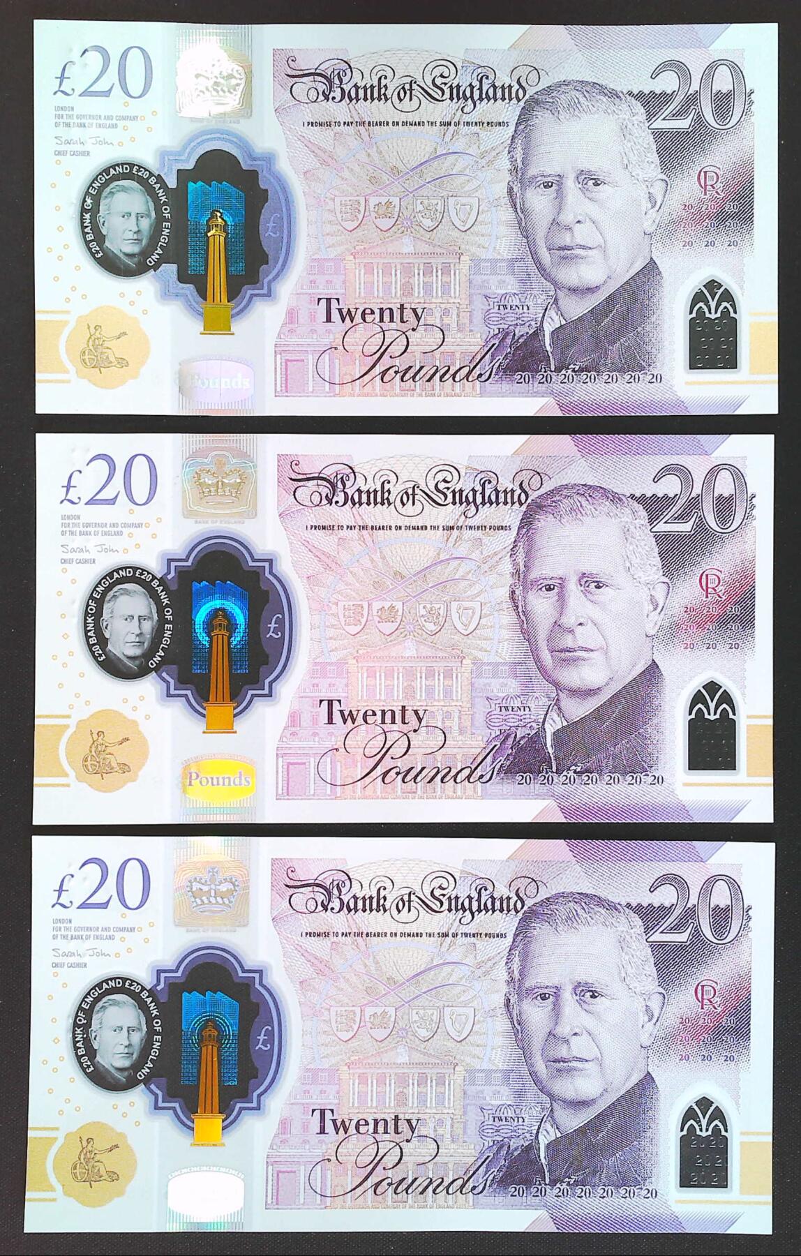 世界靓号纸钞第八十二期 2024年英国英格兰银行20镑 查尔斯镑 品相如图