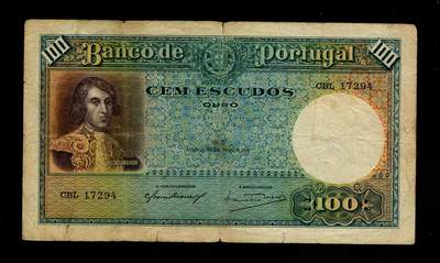 2月11号晚上8点 外国纸币自动截拍第24场 - 葡萄牙 1941年 100埃斯库多 早期 稀少