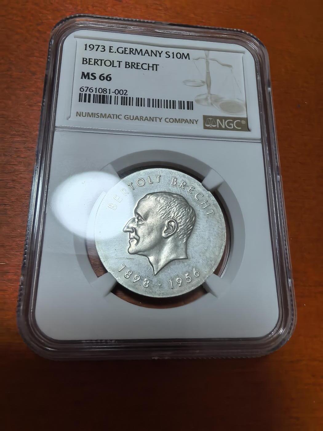 长老汇蛇年精选第一百场拍卖  1973东德贝托尔特·布莱希特诞辰75周年10马克银币，NGC MS66分，季军分，更高5枚