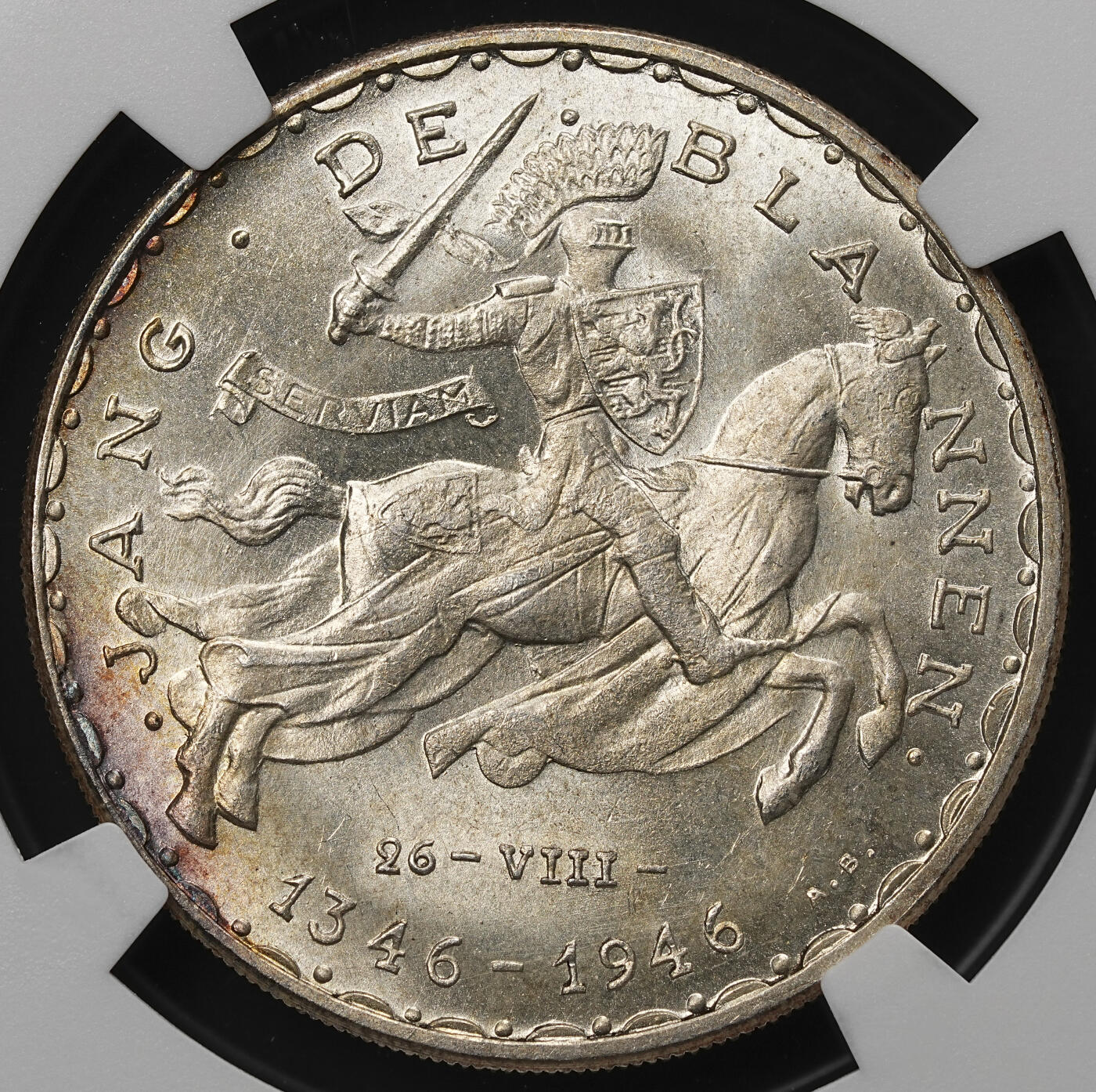 修遠堂世界钱币第105期，马年首拍 NGC MS65 1946年卢森堡伯爵瞎子约翰在克雷西战役中阵亡600周年纪念50法郎银币