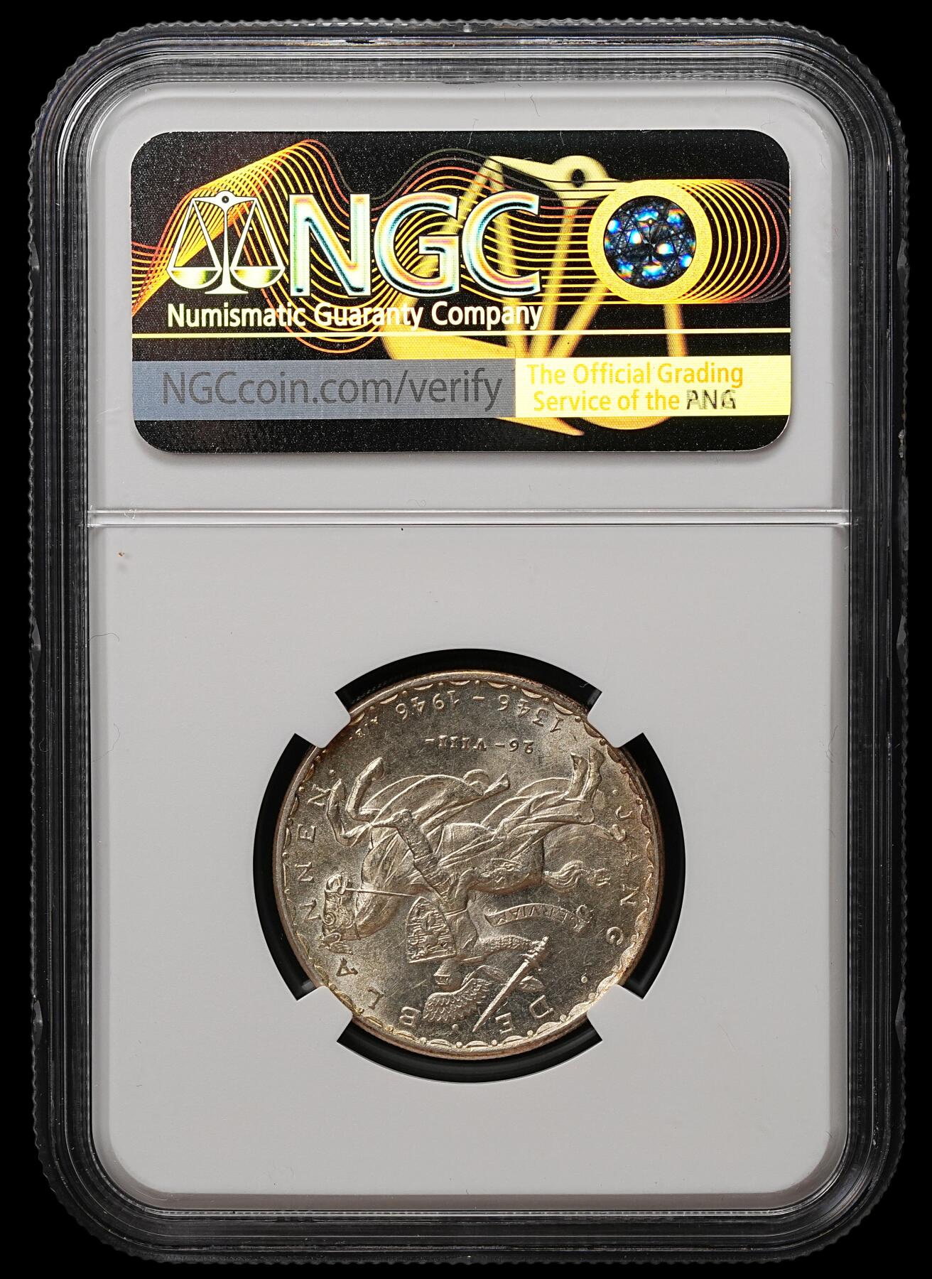 修遠堂世界钱币第105期，马年首拍 NGC MS65 1946年卢森堡伯爵瞎子约翰在克雷西战役中阵亡600周年纪念20法郎银币