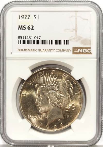博洋堂蛇年收官专场暨第161期（全场包邮） - NGC MS62 美国1922年和平银币，黄油包浆，转光不错，状态优于62