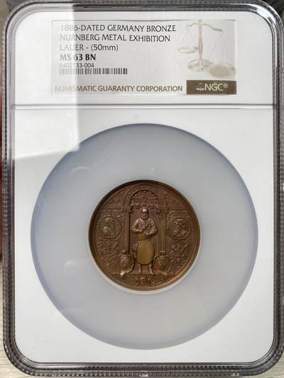 万国钱币拍卖第061期（马年首拍） NGC MS63 1886年德国纽伦堡工业博览会纪念大铜章 大规格纽伦堡城市景观高浮雕作品 红铜光极美收藏级