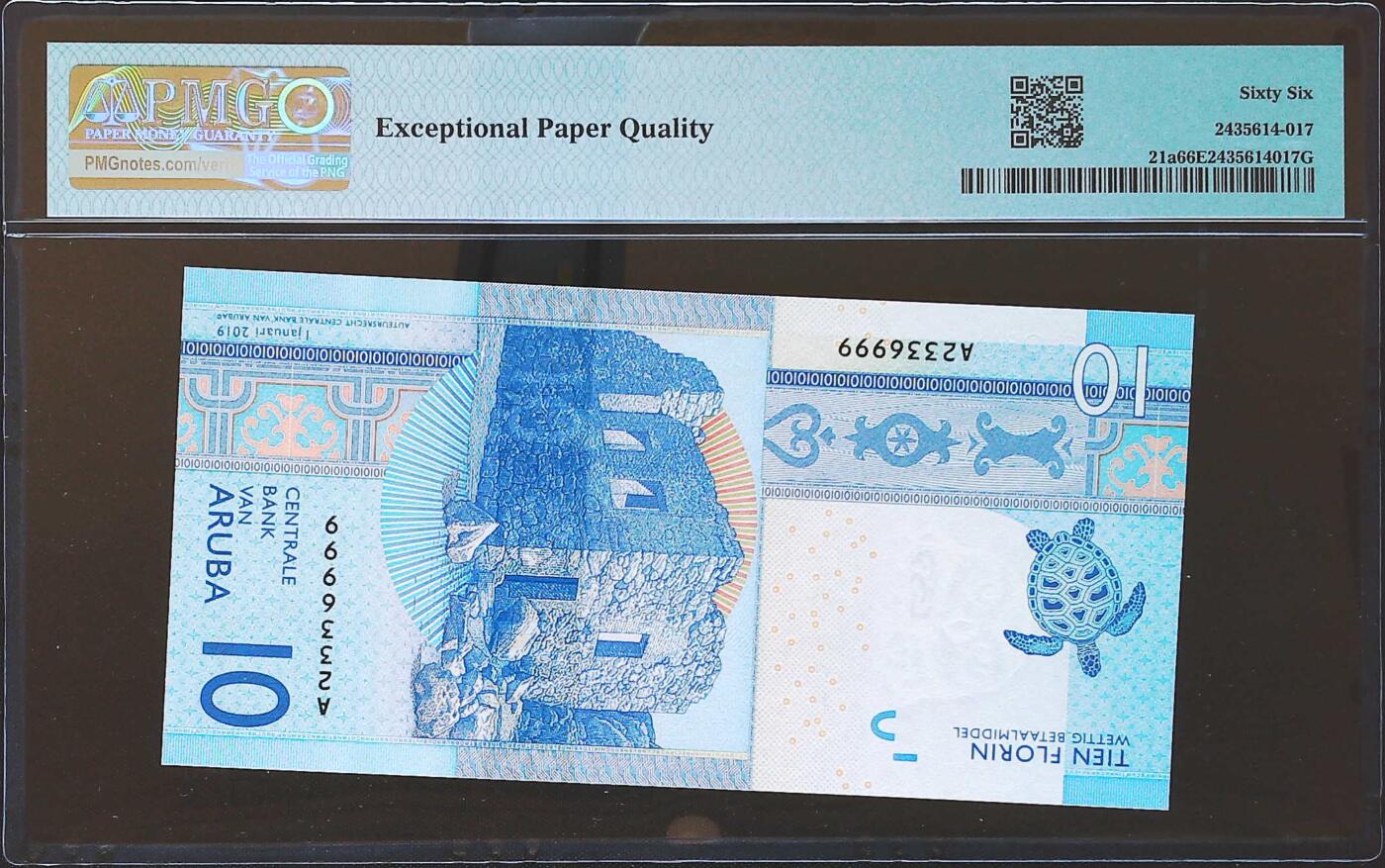 世界靓号纸钞第八十二期 2019年阿鲁巴10弗洛林 首发A冠 全程无47 豹子号999 PMG66