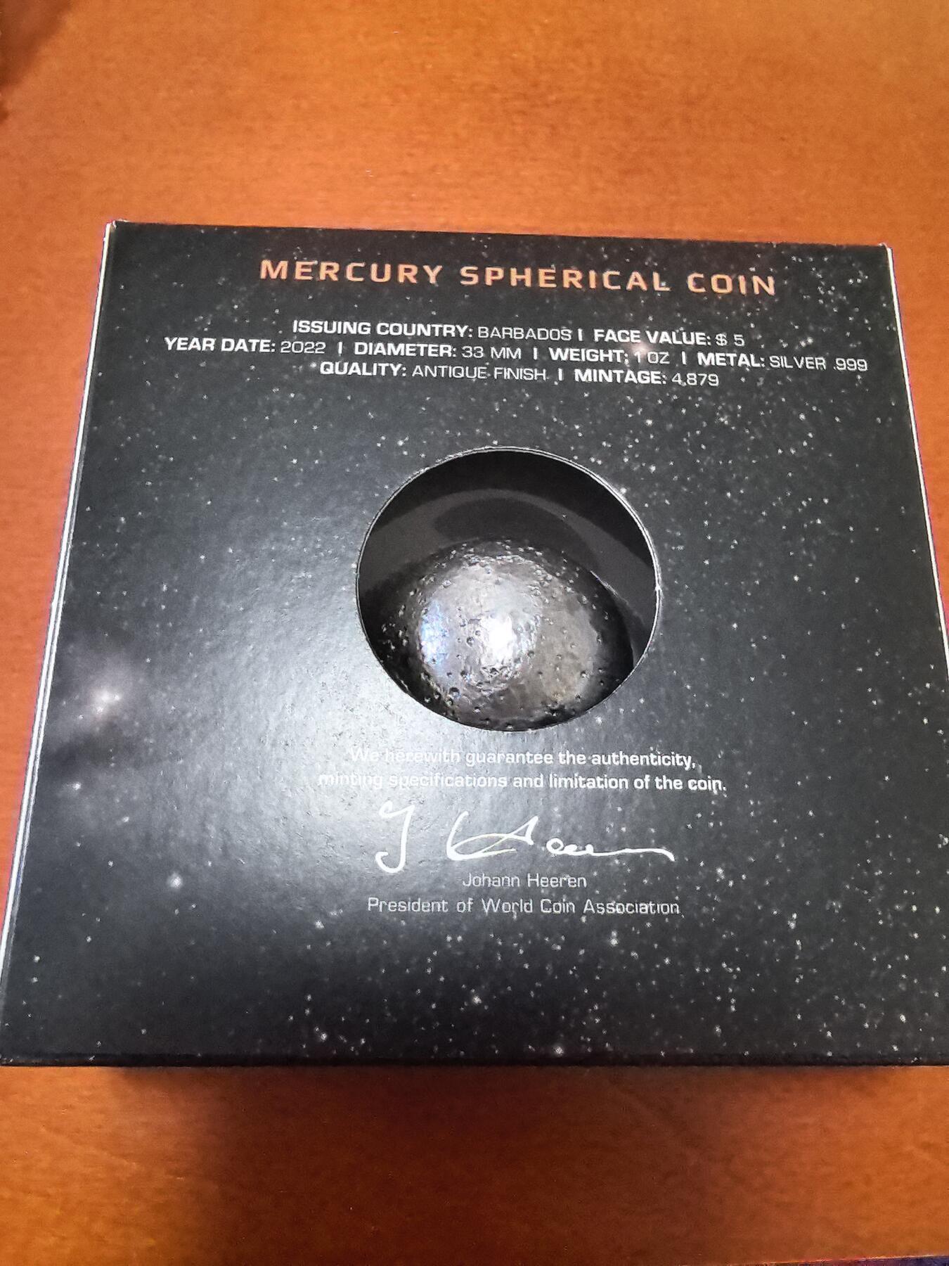 长老汇蛇年精选第一百场拍卖  2022巴巴多斯水星仿古球体银币，1盎司999银，盒证全，4879枚
