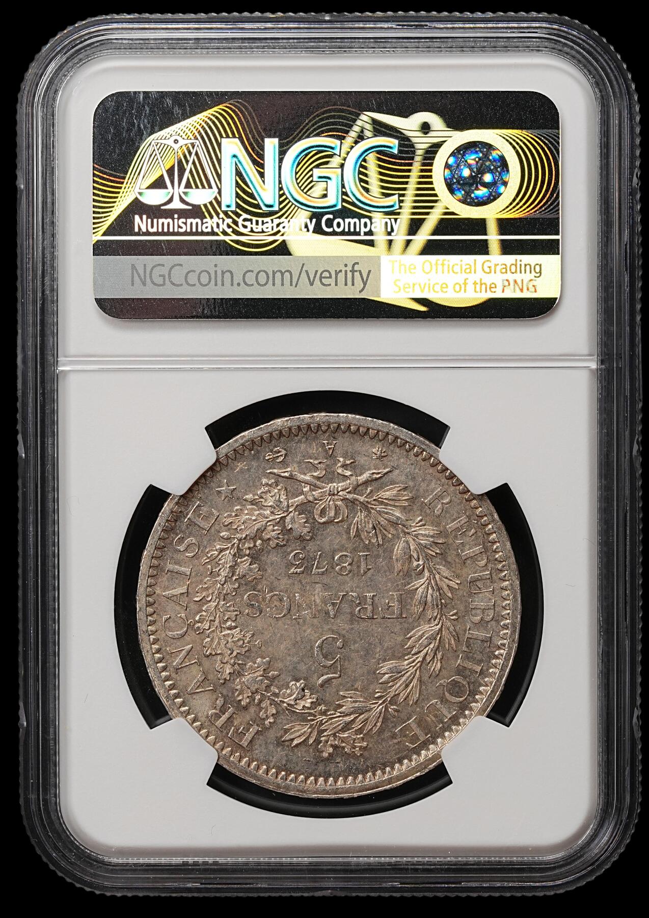 修遠堂世界钱币第105期，马年首拍 NGC MS63 1873年法国大力神5法郎大银币 A厂铭
