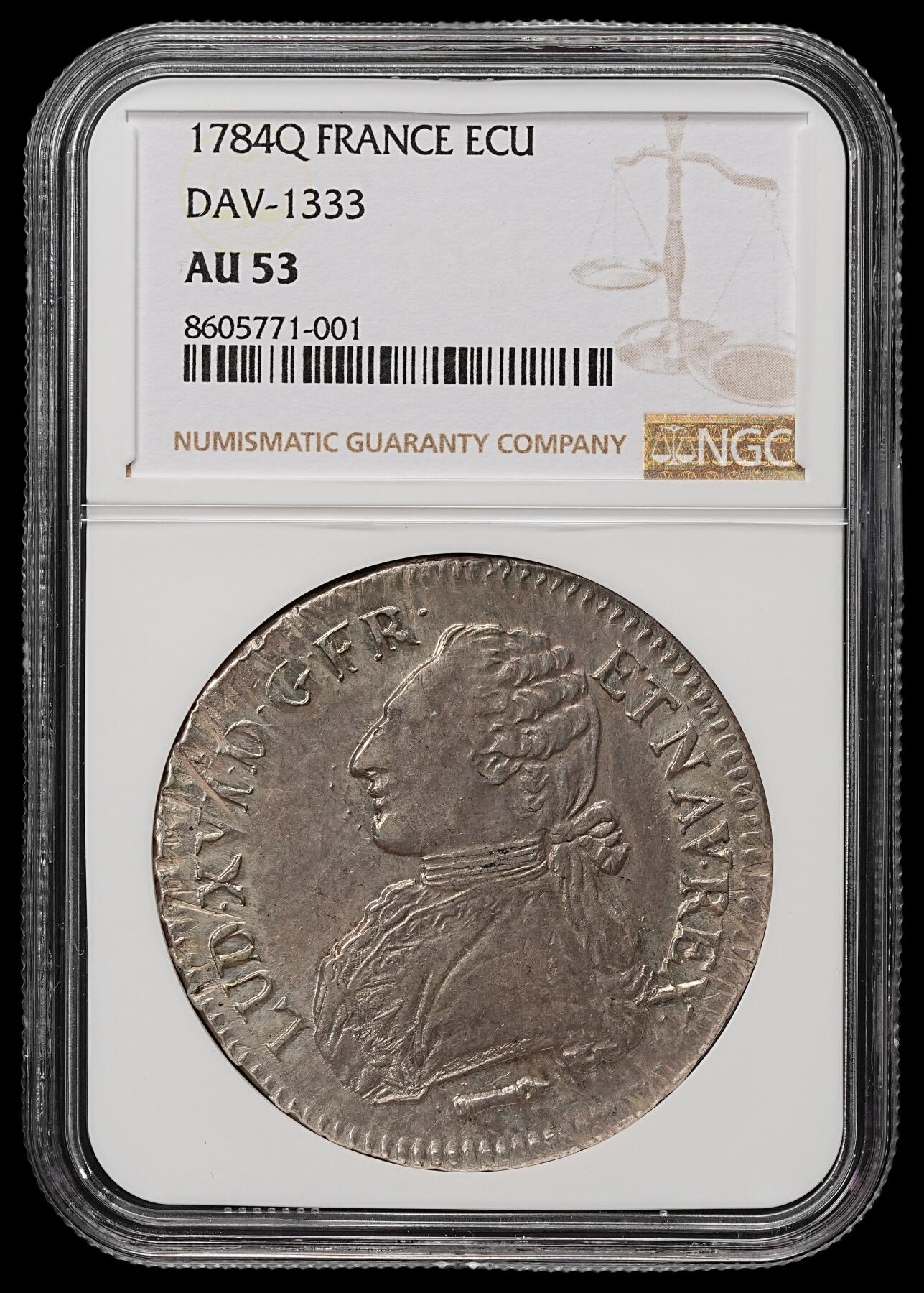 修遠堂世界钱币第105期，马年首拍 NGC AU53 1784年法国1埃居大银币，Q厂铭