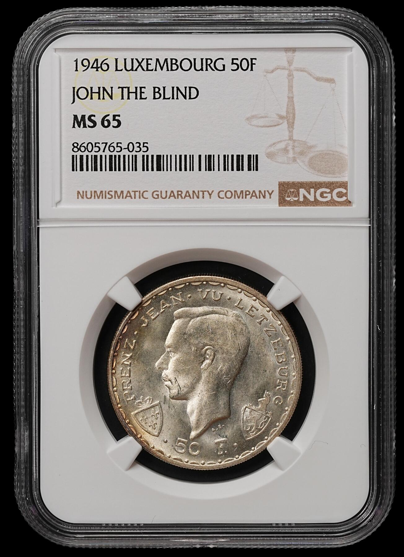 修遠堂世界钱币第105期，马年首拍 NGC MS65 1946年卢森堡伯爵瞎子约翰在克雷西战役中阵亡600周年纪念50法郎银币