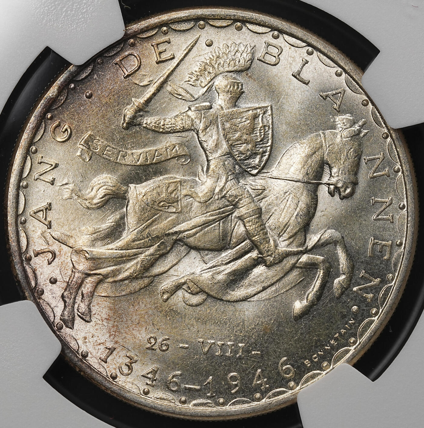 修遠堂世界钱币第105期，马年首拍 NGC MS66 1946年卢森堡伯爵瞎子约翰在克雷西战役中阵亡600周年纪念100法郎大银币