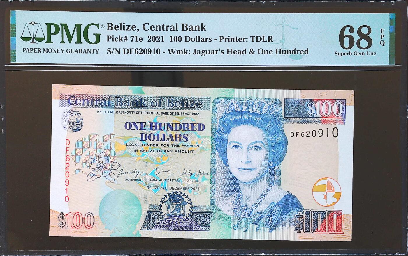 世界靓号纸钞第八十二期 2021年伯利兹100元 稀少DF冠 全程无3457 PMG68 超高分 冠军分