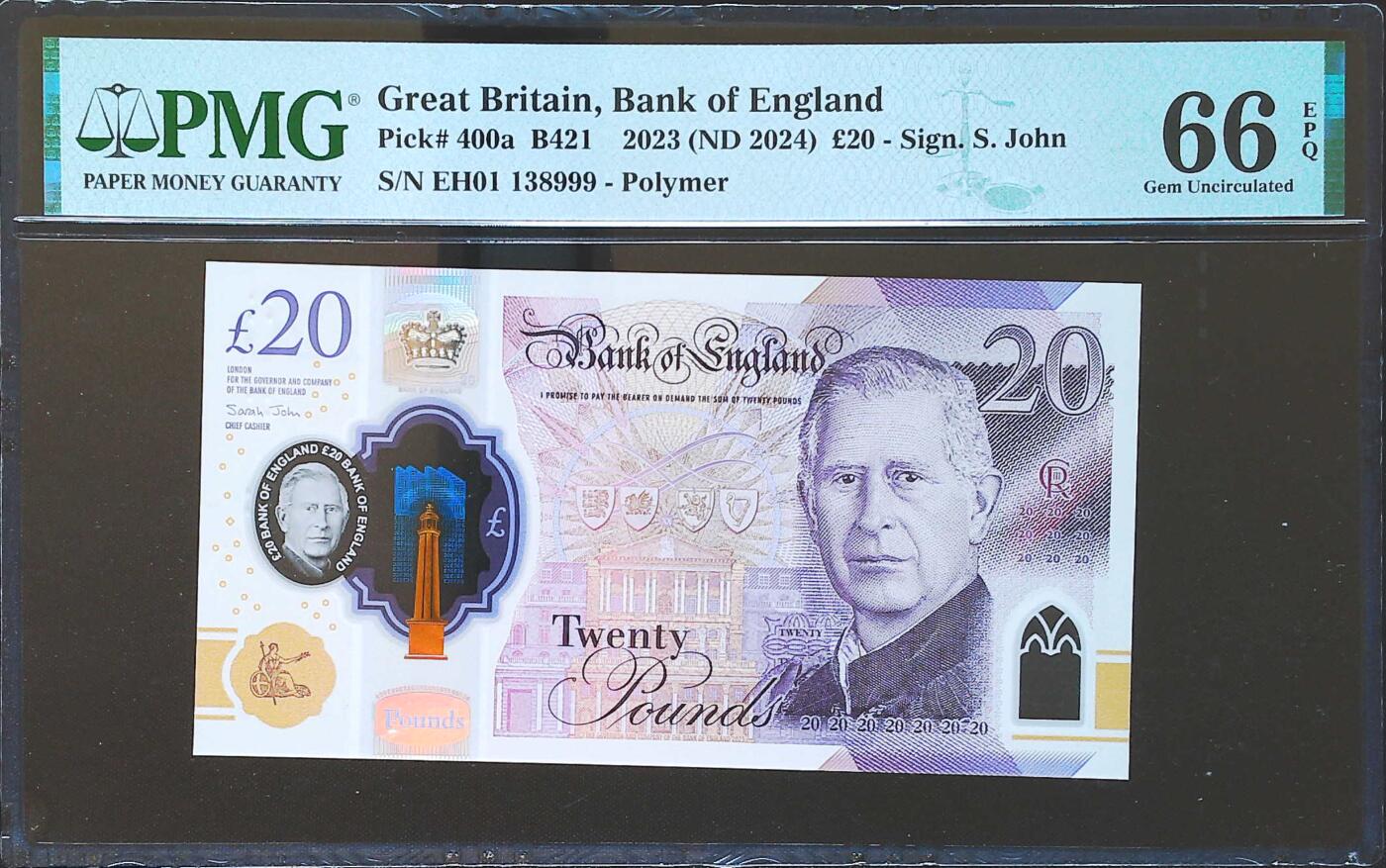 世界靓号纸钞第八十二期 2024年英国英格兰银行20镑 稀少首发EH01冠 全程无47 豹子号999 PMG66