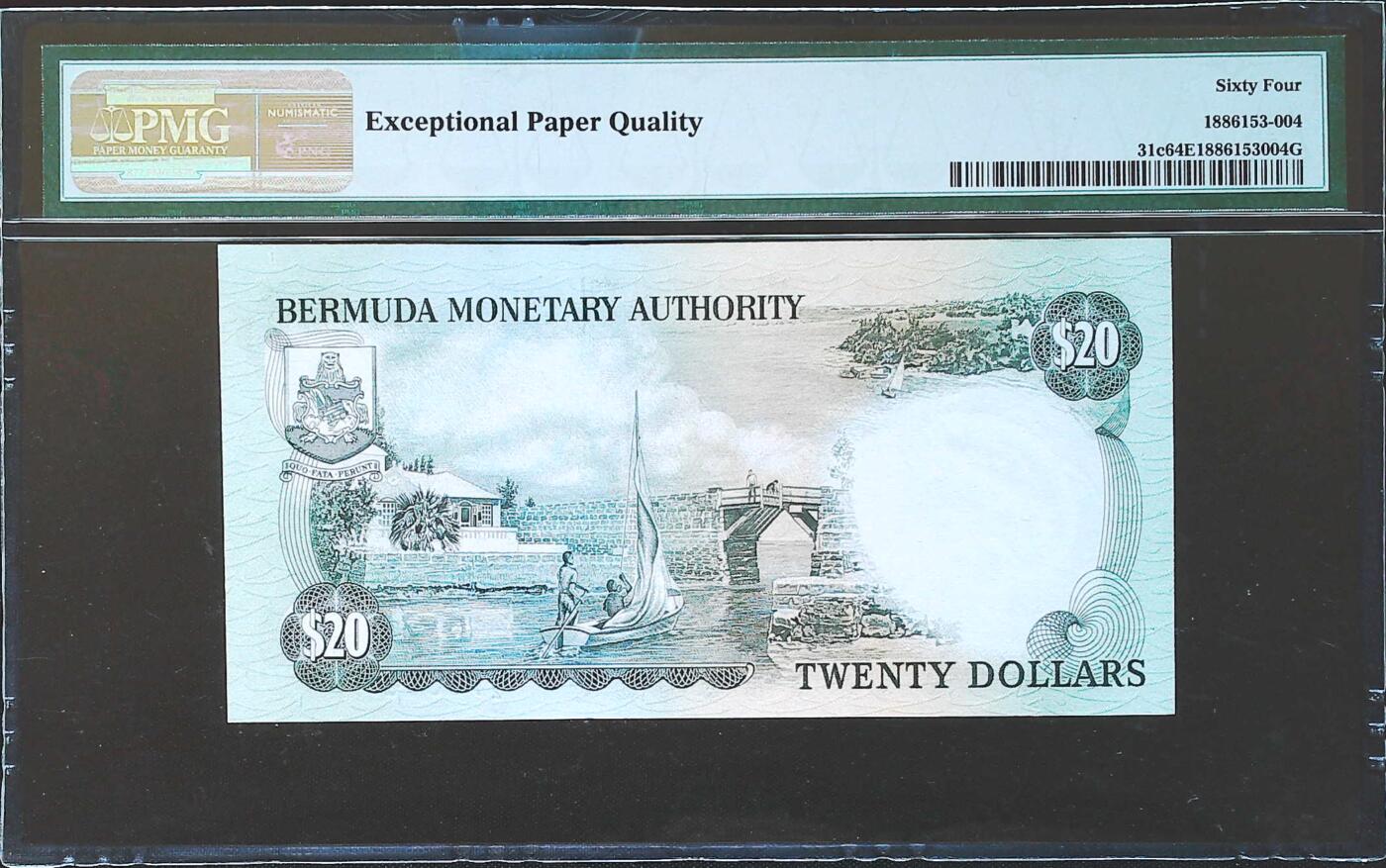 世界靓号纸钞第八十二期 1981年百慕大20元 高冠女王 PMG64