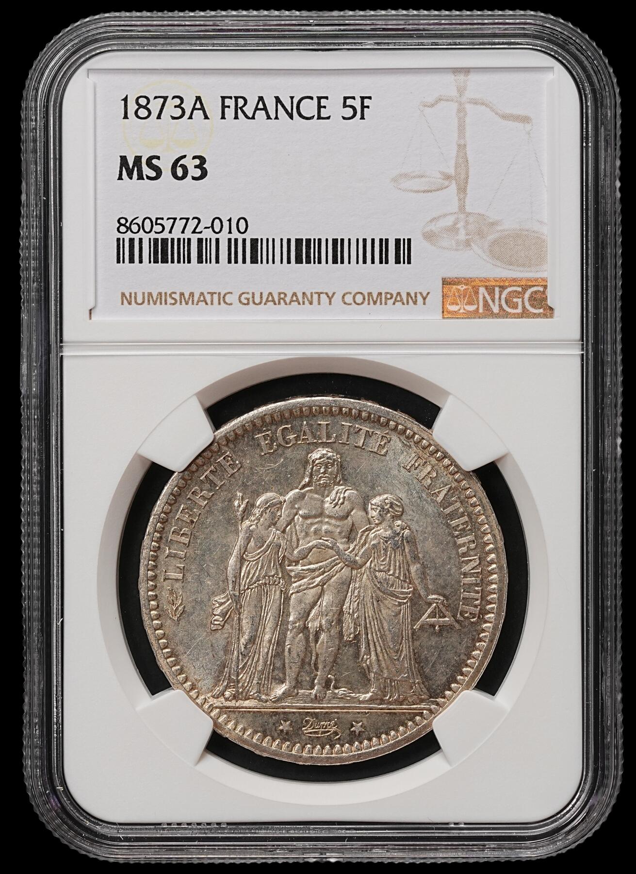 修遠堂世界钱币第105期，马年首拍 NGC MS63 1873年法国大力神5法郎大银币 A厂铭