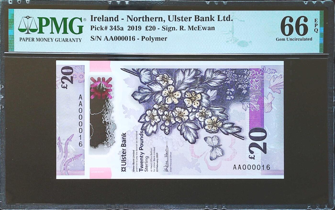 世界靓号纸钞第八十二期 2019年北爱尔兰阿尔斯特银行20镑 首发AA冠 稀少小号 16号 PMG66