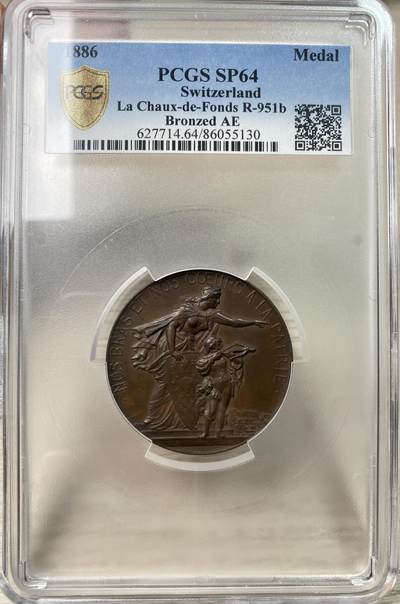 万国钱币拍卖第061期（马年首拍） PCGS SP64 1886年瑞士联邦在拉绍德封举行的纳沙泰尔射击节纪念大铜章 纳沙泰尔女神指向城市景观 经典瑞士高浮雕 47MM