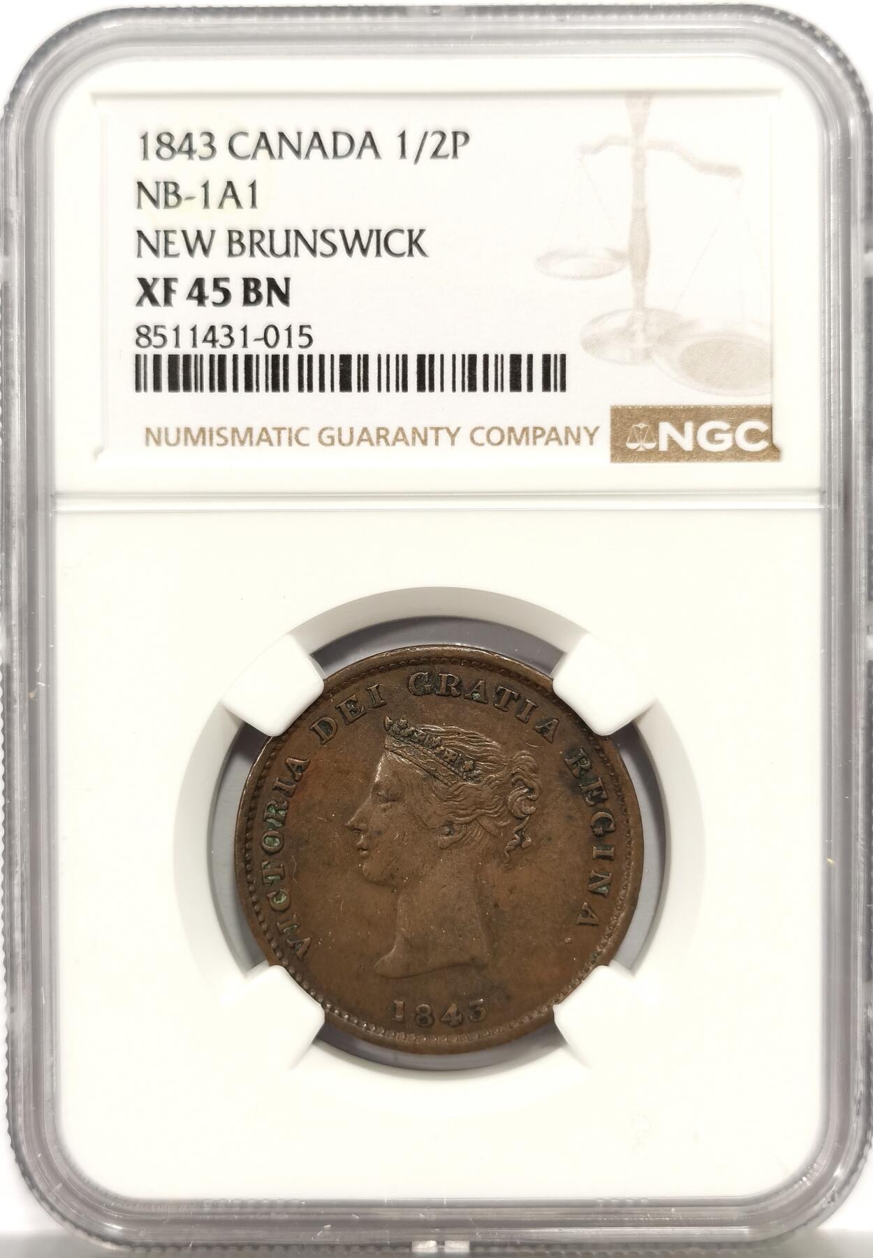 博洋堂蛇年收官专场暨第161期（全场包邮） NGC XF45 英属加拿大1843新不伦瑞克半便士铜币，早期加拿大难得一见，比较讨喜的一版小维青年头像，稀见品种