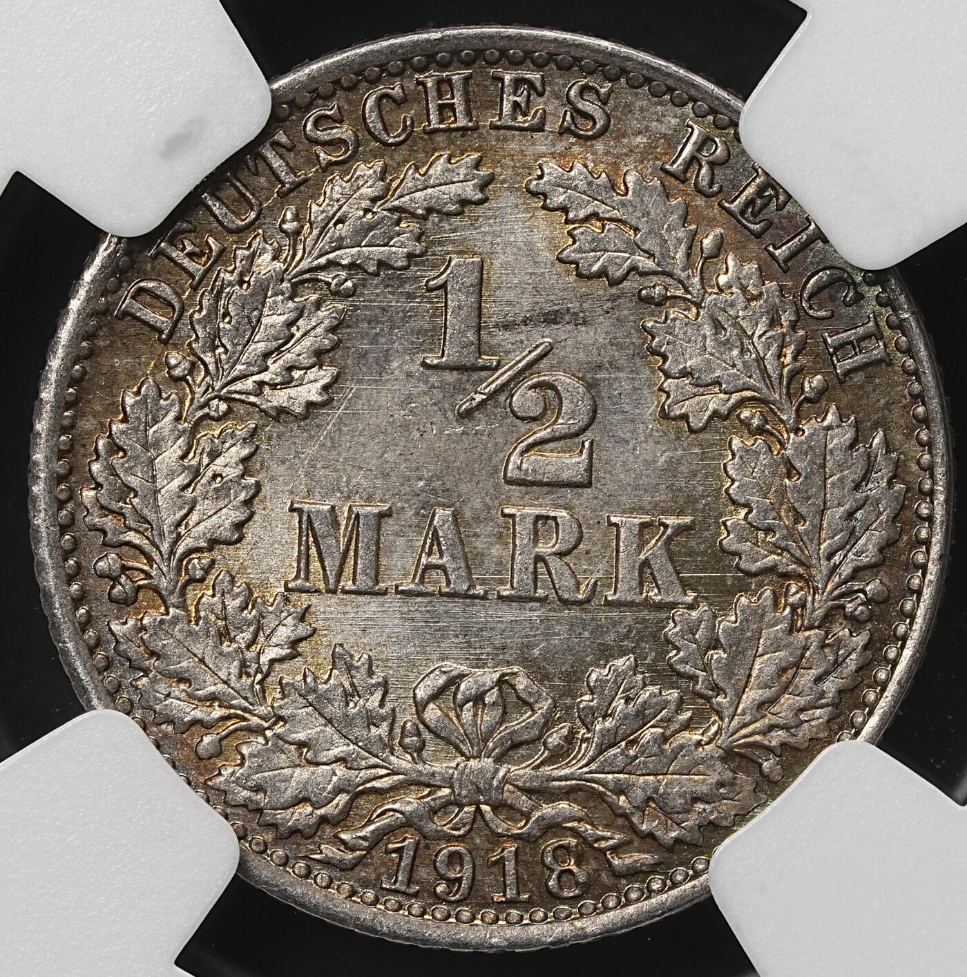 修遠堂世界钱币第105期，马年首拍 NGC MS63 1918年德国1/2马克银币 A厂铭