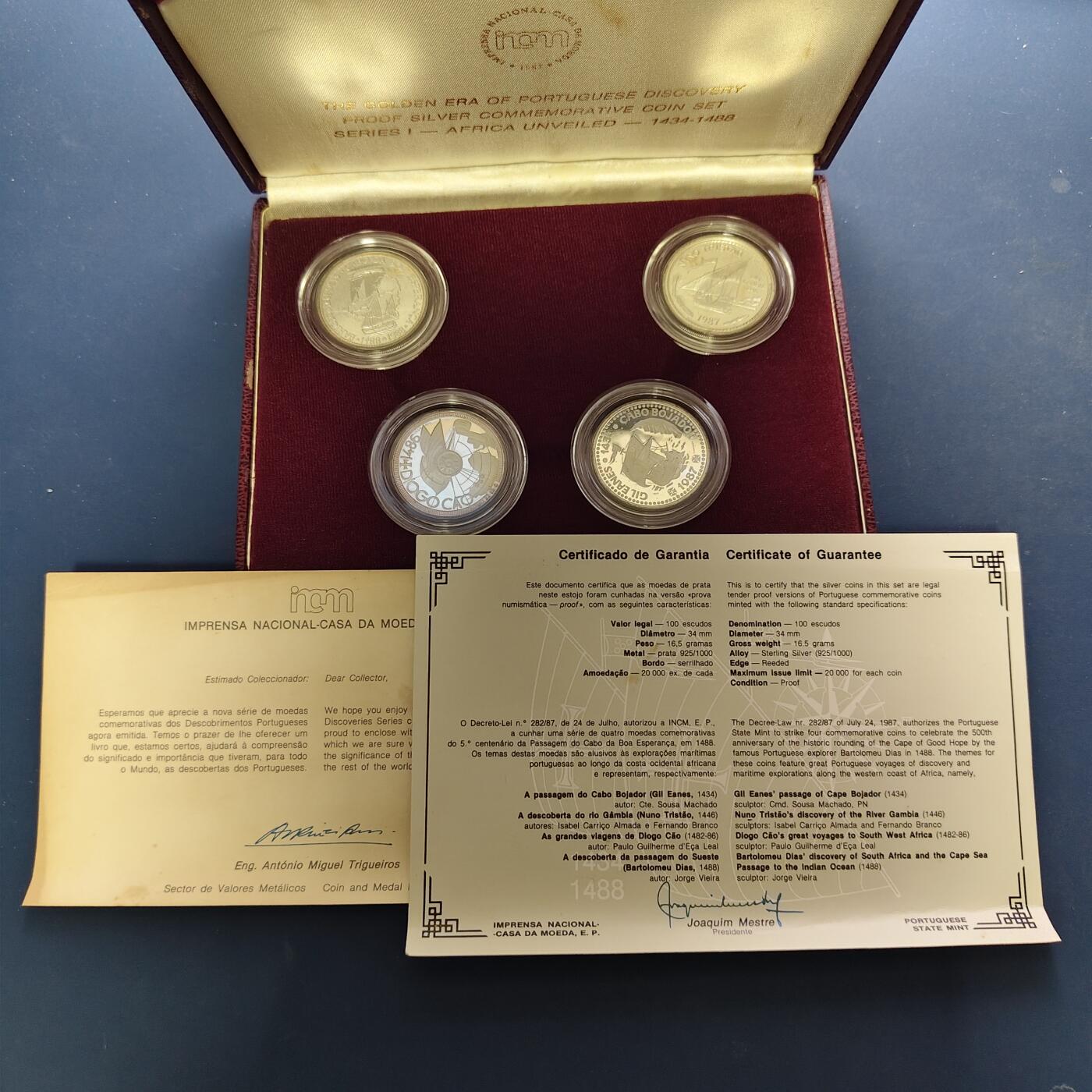 【全场包邮】纯粹捡漏拍503场 葡萄牙1987-1988年大航海时代系列第一组精制纪念银币4枚全套银币【34毫米16.5克92.5%X4枚】-盒证全