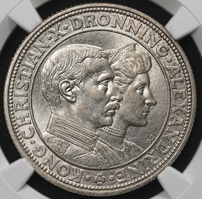 修遠堂世界钱币第105期，马年首拍 - NGC MS64 1923年丹麦国王银婚纪念2克朗银币 15g，含银80%