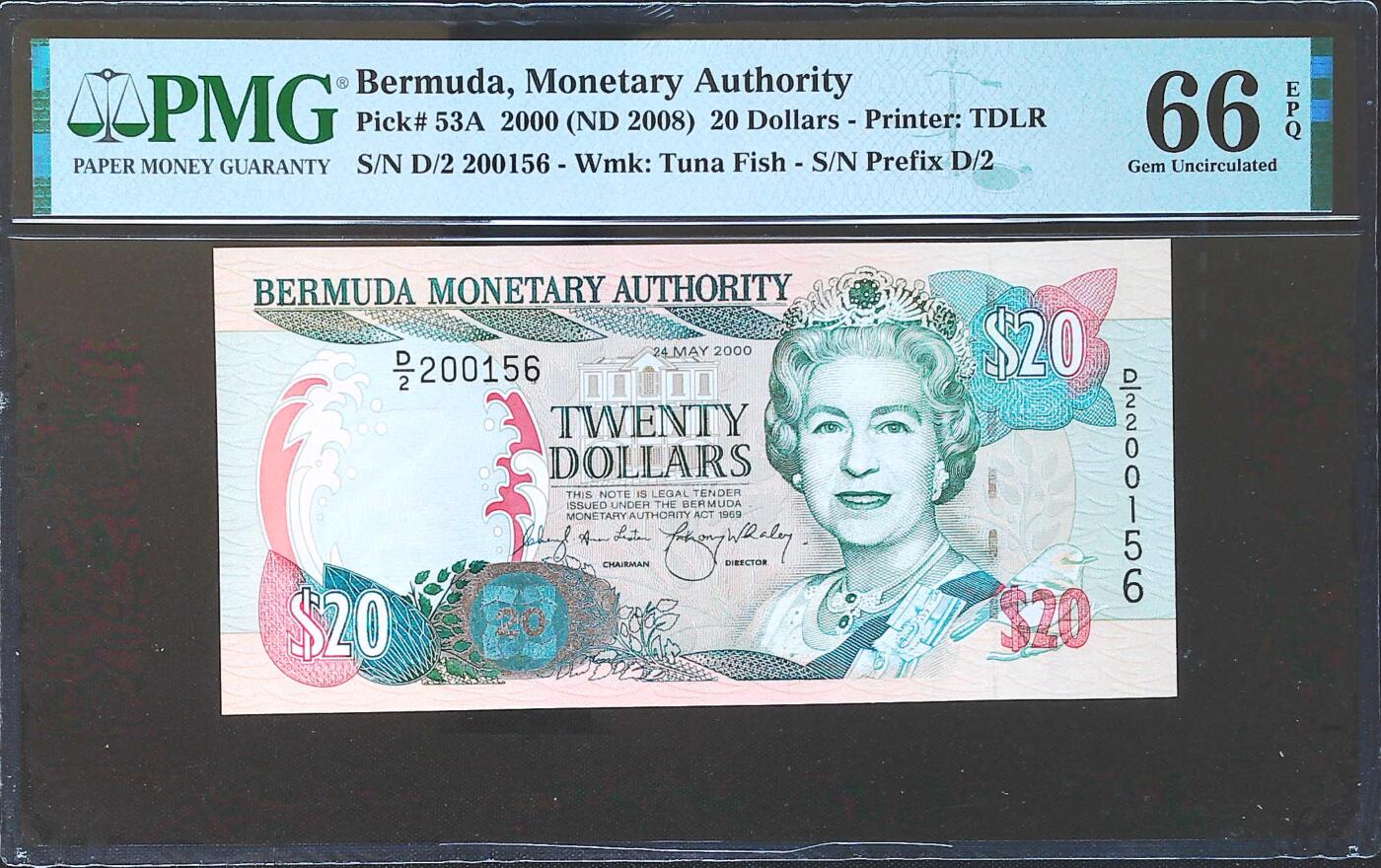 世界靓号纸钞第八十二期 2000年百慕大20元 再版小号156号 PMG66