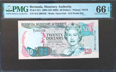 世界靓号纸钞第八十二期 - 2000年百慕大20元 再版小号156号 PMG66