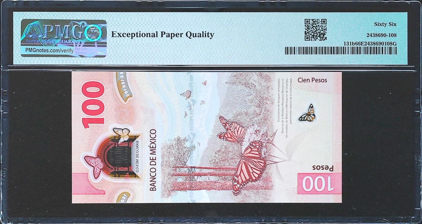 世界靓号纸钞第八十二期 2021年墨西哥100比索 前狮子号2222 后豹子号888 非常漂亮的一张号码 PMG66