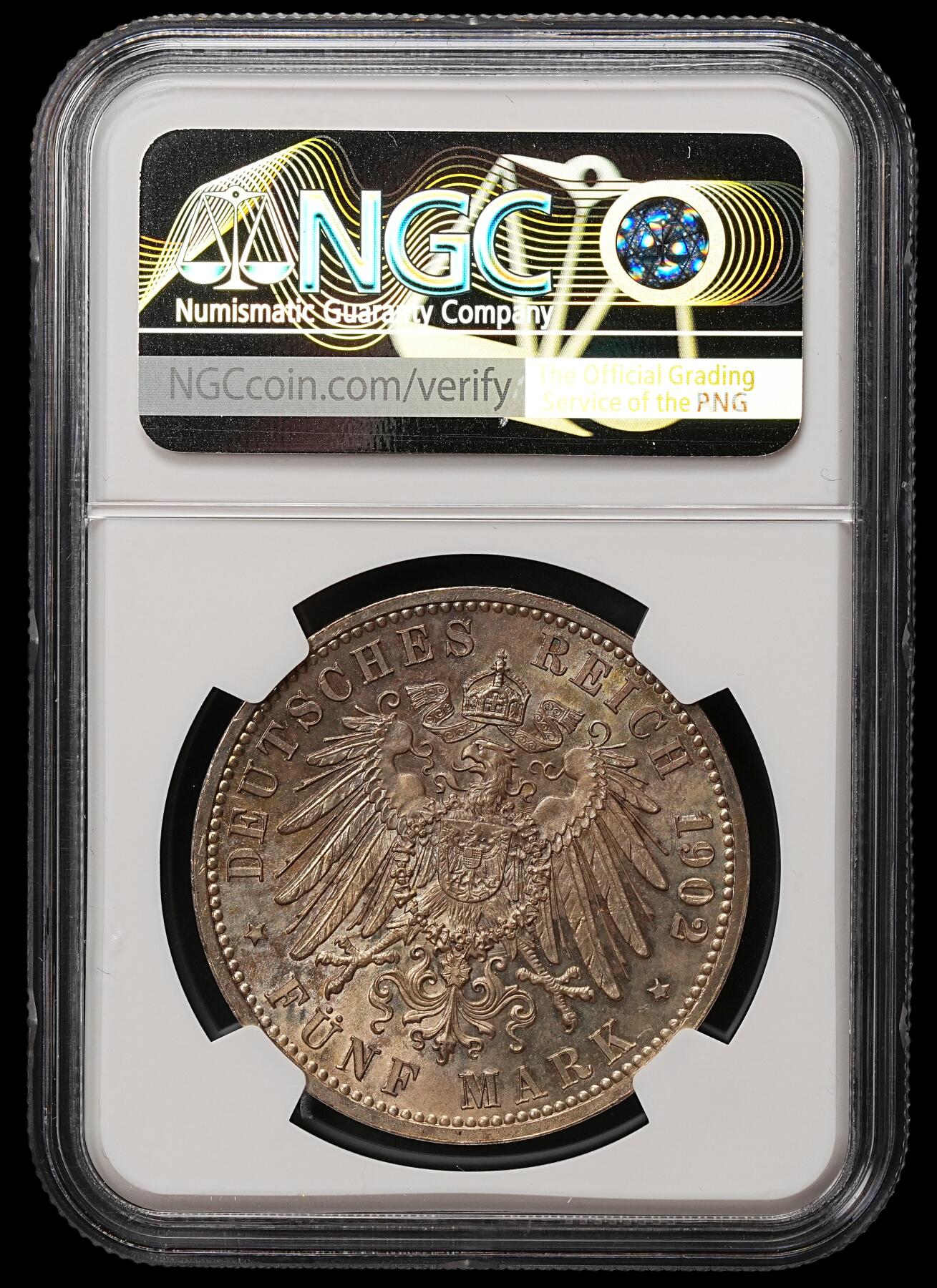 修遠堂世界钱币第105期，马年首拍 NGC MS63  1902年巴登大公国弗里德里希一世登基50周年5马克大银币，黄油彩