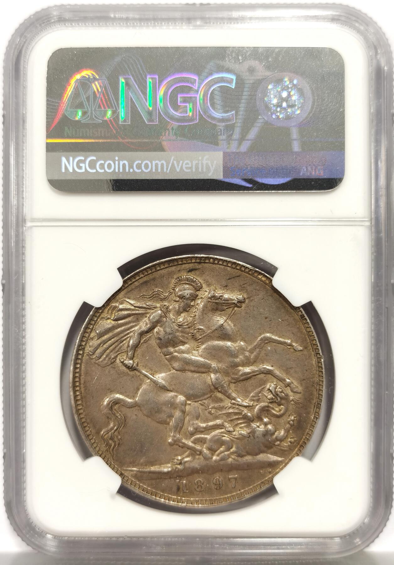 博洋堂蛇年收官专场暨第161期（全场包邮） NGC AU58 英国1897LXI维多利亚女王披纱马剑克朗，经典英国包浆，披纱马剑的58也不容易，最近麦稀奇的58披纱也都要2000多了