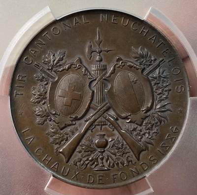 万国钱币拍卖第061期（马年首拍） PCGS SP64 1886年瑞士联邦在拉绍德封举行的纳沙泰尔射击节纪念大铜章 纳沙泰尔女神指向城市景观 经典瑞士高浮雕 47MM