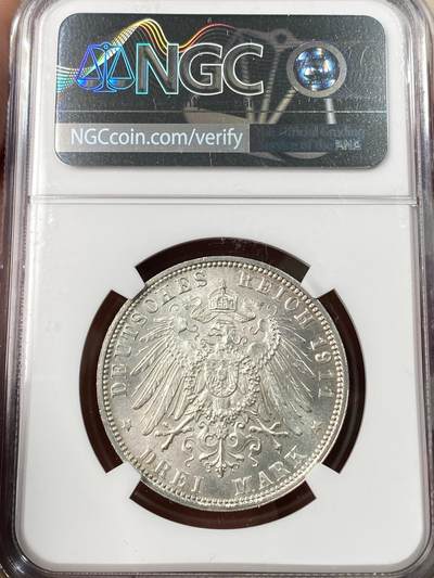 万国钱币拍卖第061期（马年首拍） NGC MS66 1911德国巴伐利亚利奥波德九十大寿纪念长翅3马克 原味银霜GEM转光 无可挑剔的品质状态