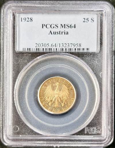 “福币呈祥”新年甄品场（直播拍卖）甄臻铺-世界币章拍卖（第50期），送拍享返佣金等优惠多多 - PCGS-MS64(PCGS官网显示PL)奥地利共和国 1928年 25先令 金币 5.88g 900金，绝对的PL质感