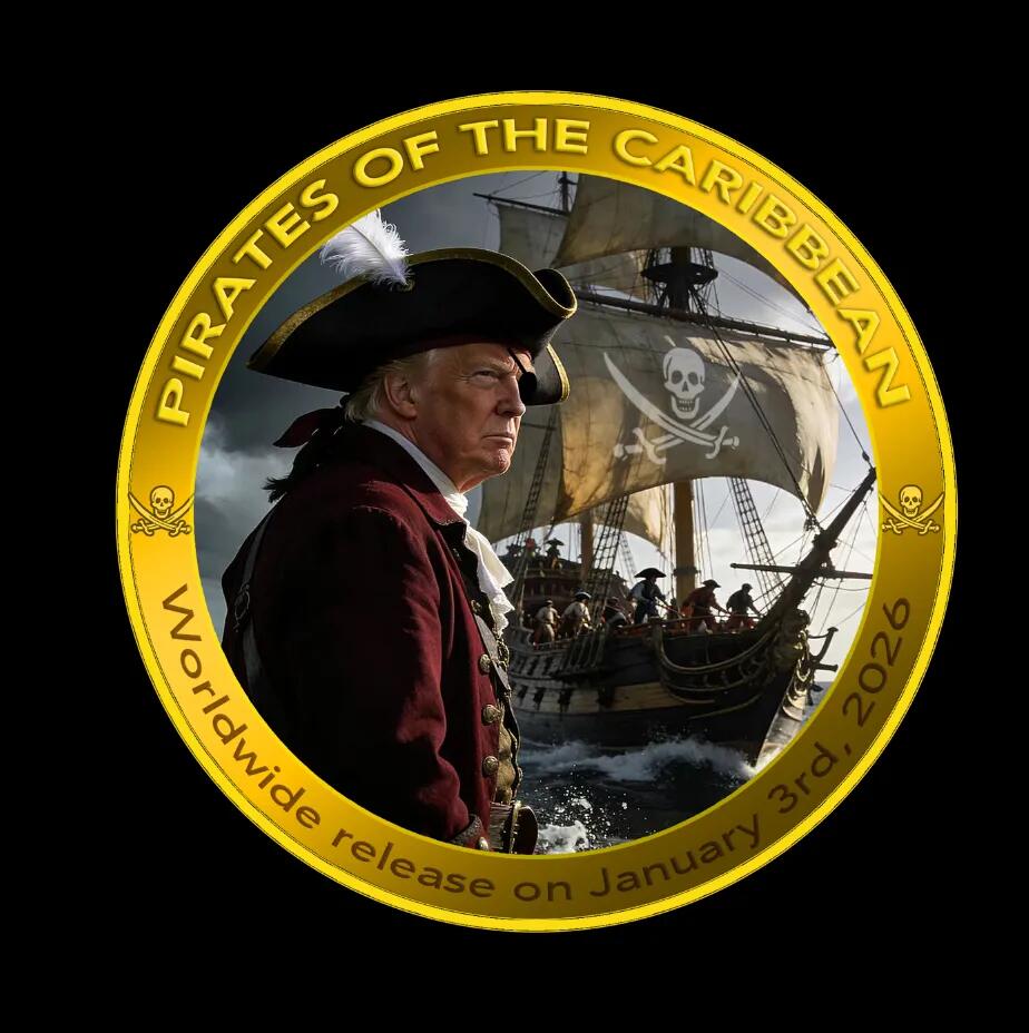 【币将精彩】世界钱币马年新春拍卖（2026-2-22） 2026年加勒比海盗特朗普纪念章，材质为合金镀金，直径40毫米，章由《加勒比海盗》影迷俱乐部发行，发行量9999枚。