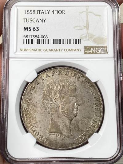 万国钱币拍卖第061期（马年首拍） - NGC MS63 1858年意大利托斯卡纳利奥波德二世4菲奥里尼大银 全深打丝绸转光香槟淡彩环绕 收藏级品质