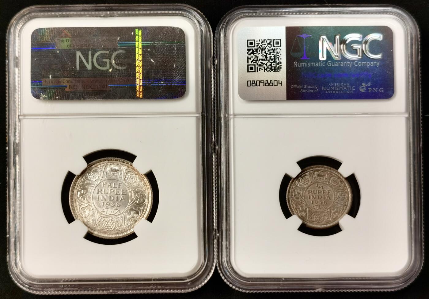 “福币呈祥”新年甄品场（直播拍卖）甄臻铺-世界币章拍卖（第50期），送拍享返佣金等优惠多多 NGC-MS65-MS64 1936年C版英属印度乔治五世1/4卢比，非原光白币，币面冷着高级灰原光，小银毫能有此高分属实难得；MS64乔五1/2卢比，桑杰.C.甘地旧藏，甘地家族旧藏罕见