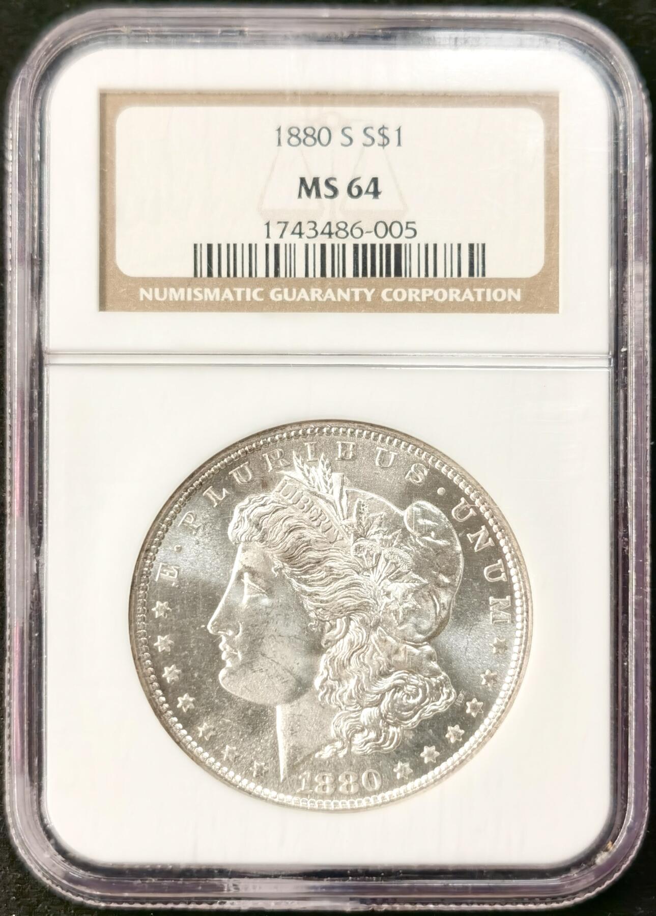 “福币呈祥”新年甄品场（直播拍卖）甄臻铺-世界币章拍卖（第50期），送拍享返佣金等优惠多多 NGC-MS64 美国1880年S版摩根一元银币